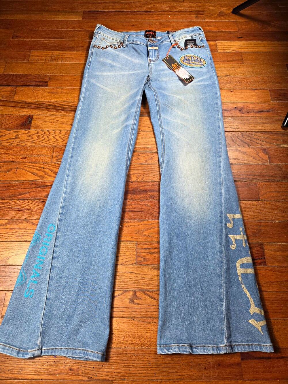 Von Dutch Jeans Womens 28 NWT Y2K Studded Rhinestone Wide Leg Flare Logo